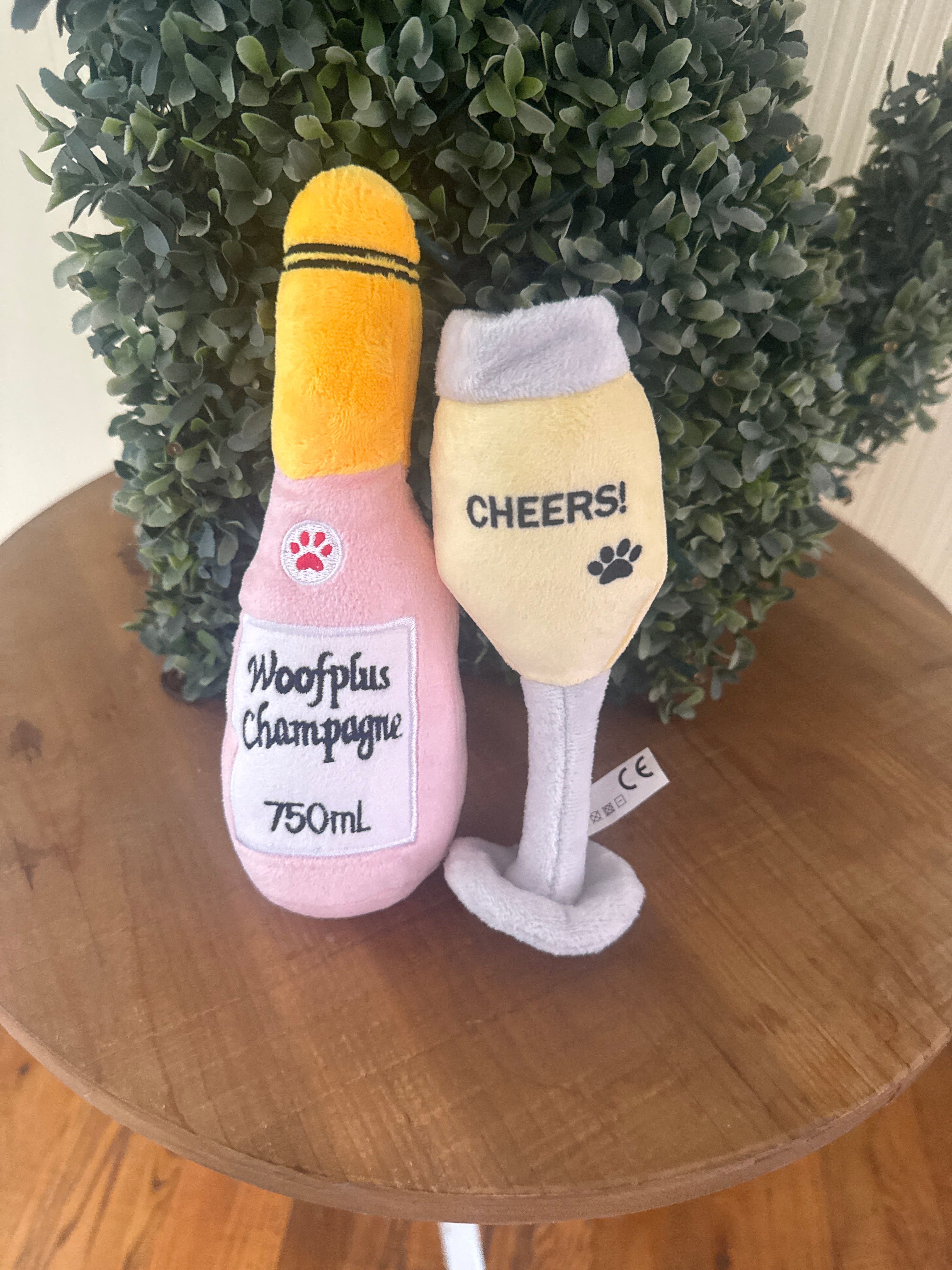 Dog champagne glass and bottle